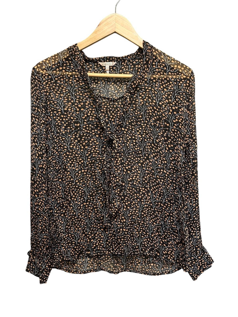 Esqualo Black Brown Fall Tree Blouse Size 6 Semi Sheer Long Sleeve Academia